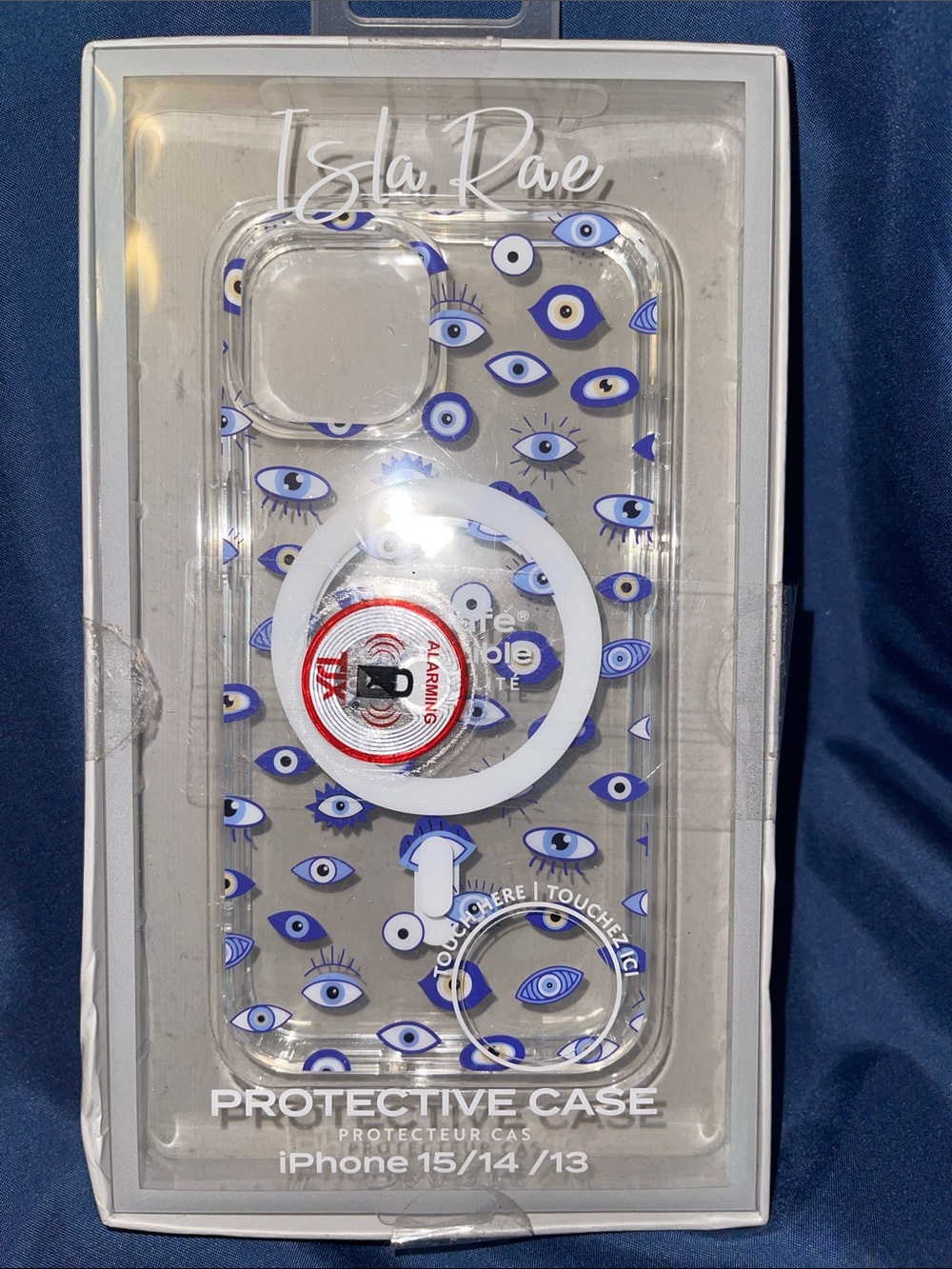 Isla Rae Clear iPhone Case with Blue Eye Pattern and White MagSafe Ring